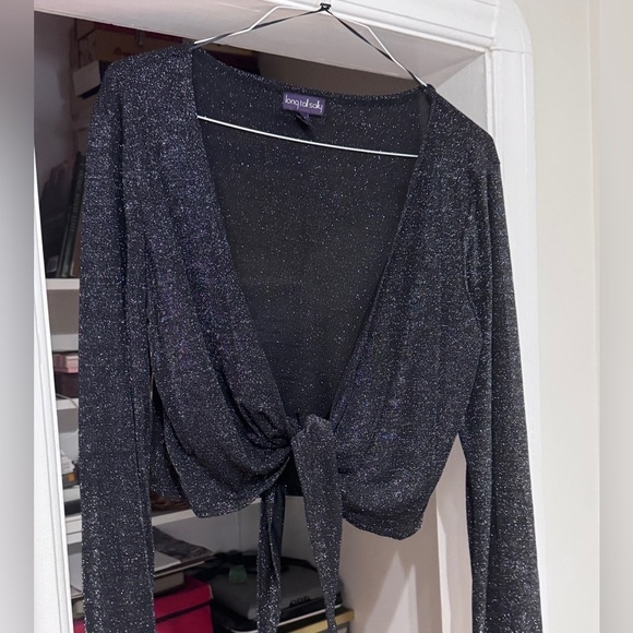 ✨ Elegant Vintage Long Tall Sally Black Glitter Tie-Front Shrug – Size L - Picture 14 of 16